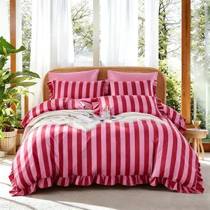 Romantic Ruffle Striped Bedding Set, Includes 1 Duvet Cover + 2 Pillowcases No Insert, Ultra-Soft Skin-Friendly, All Seasons, Elegant Bedroom Decor, Ruffled Bedding Set