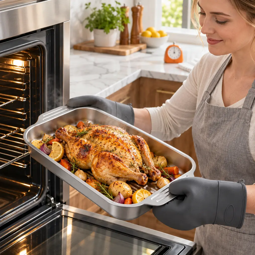 LOVEWE 3-Piece Stainless Steel Baking Pan Set with Lids, 39.8x24.9cm Stackable Uncoated Nickel-Free Bakeware, Oven Safe to 600F, Dishwasher Safe for Baking, Roasting