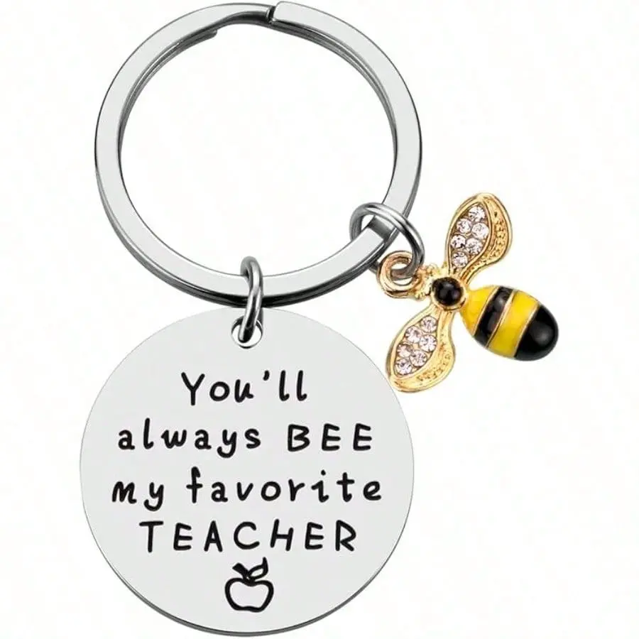 Bee-Themed Silicone Keychain Wristlet with Wrist Strap, Metal Accents, Round Tag, Text & Bee Charm - Women's Thank You Gifts for Teachers, Thanksgiving, All Seasons, Teacher Day