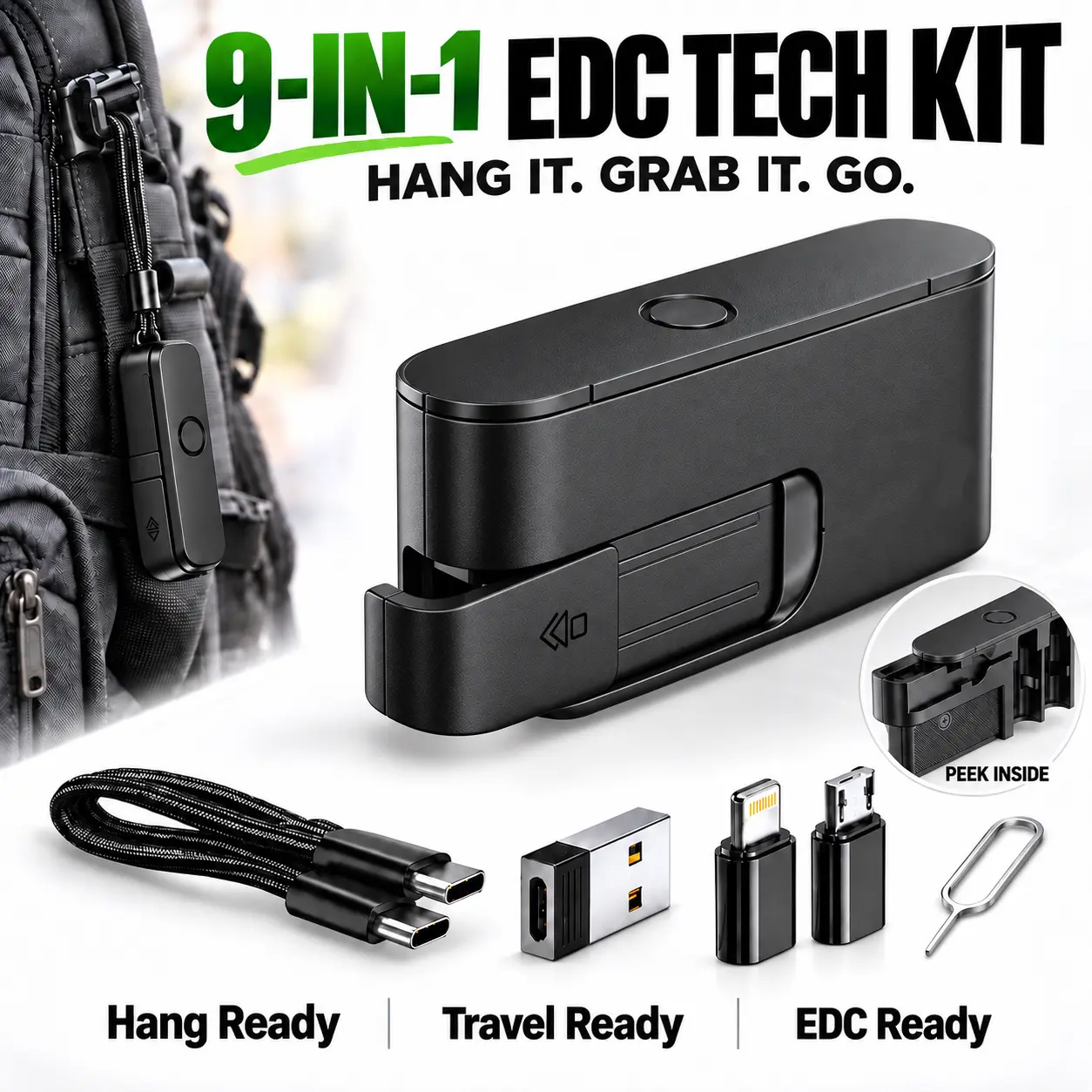 Basemo 9-in-1 EDC Digital Storage Kit: Includes USB-C cable plus USB-A, Lightning, and Micro-USB adapters. Supports 480Mbps data transfer and fast charging; features slots for SIM and microSD cards, plus a built-in stand—ideal for travel and backpack use.