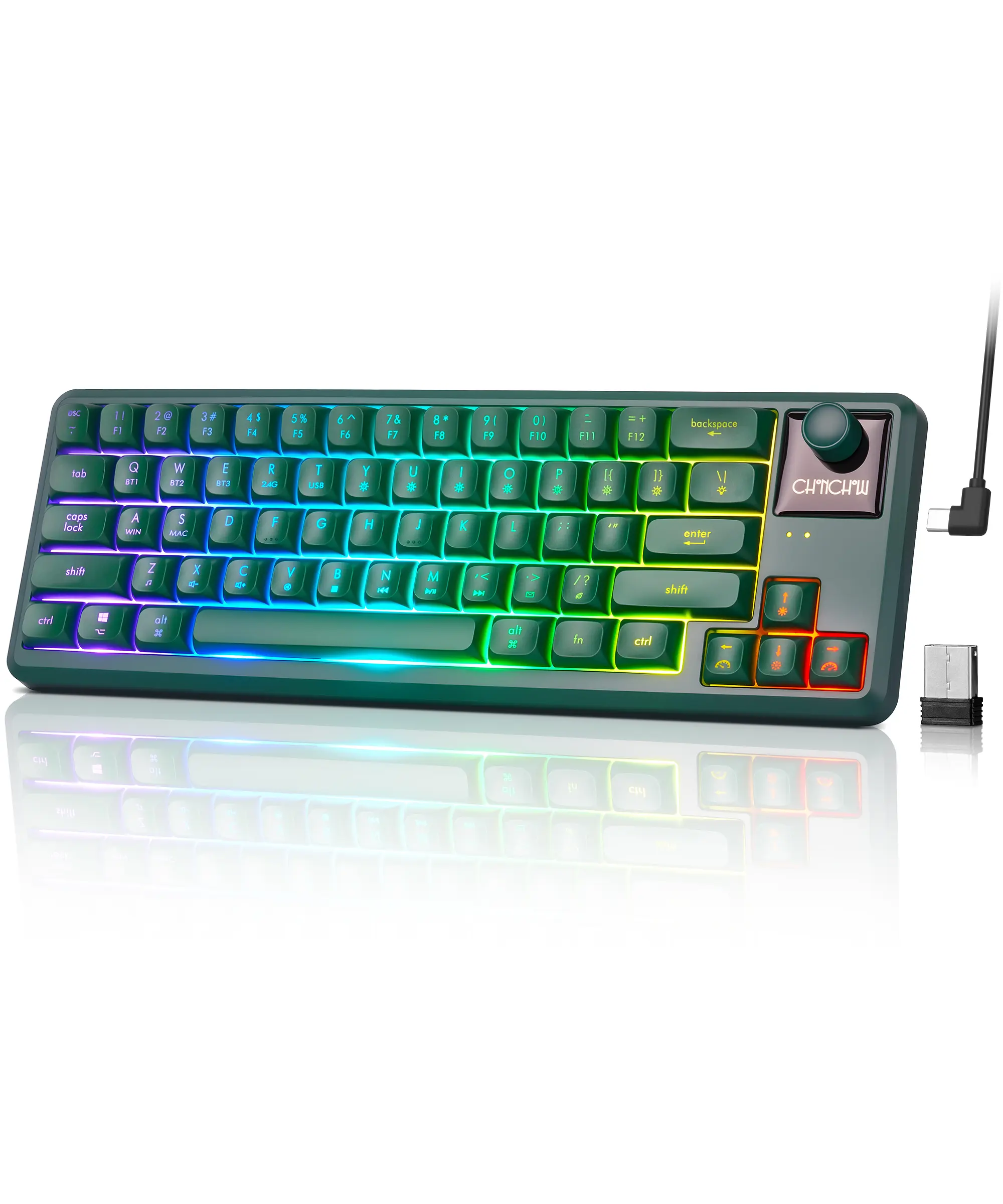 CHONCHOW G510 Green Wireless Gaming Keyboard, 65% Compact RGB Backlit with Volume Knob, Bluetooth, 2.4GHz and USB-C for PC, Mac, Tablet and Phone