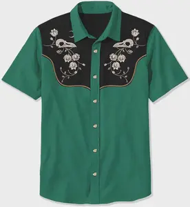 Flower And Raven Skull Hawaiian Shirt Western Style Print Short-sleeve Button-down Summer Gift Green