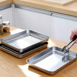 Stainless Steel Grill Pan, Non-Stick BBQ Griddle Tray, Oven Safe, Oil Draining Mesh, Oily Draining Function, Two Sizes Available, Ideal for Camping & Home Use