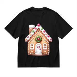 Women's Plus Size Christmas Graphic T-Shirt - Gingerbread Print Short Sleeve Crew Neck T-Shirt, Featuring Gingerbread, Gingerbread Men, Santa Claus, Reindeer, Christmas Trees And Bows. Soft And Breath