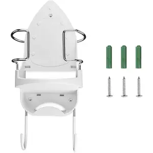 DOUBLE 2 C Ironing Board Hanger Wall Mount Electric Iron Holder Iron and Ironing Board Storage Organizer Shelf with Removable Hooks for Household Bathroom Laundry Room(White)