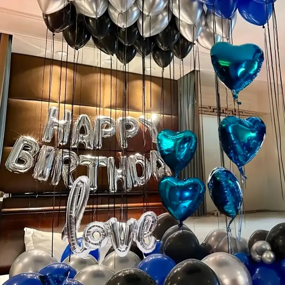 69pcs Blue Silver Happy Birthday Balloon Set | Luxury Elegant Metallic Style | LOVE Letter | For Birthday Decorations, Party Balloons, Heart Shaped Balloons, Birthday Party Graduation Celebration Romantic Proposal Anniversary Surprise Gift