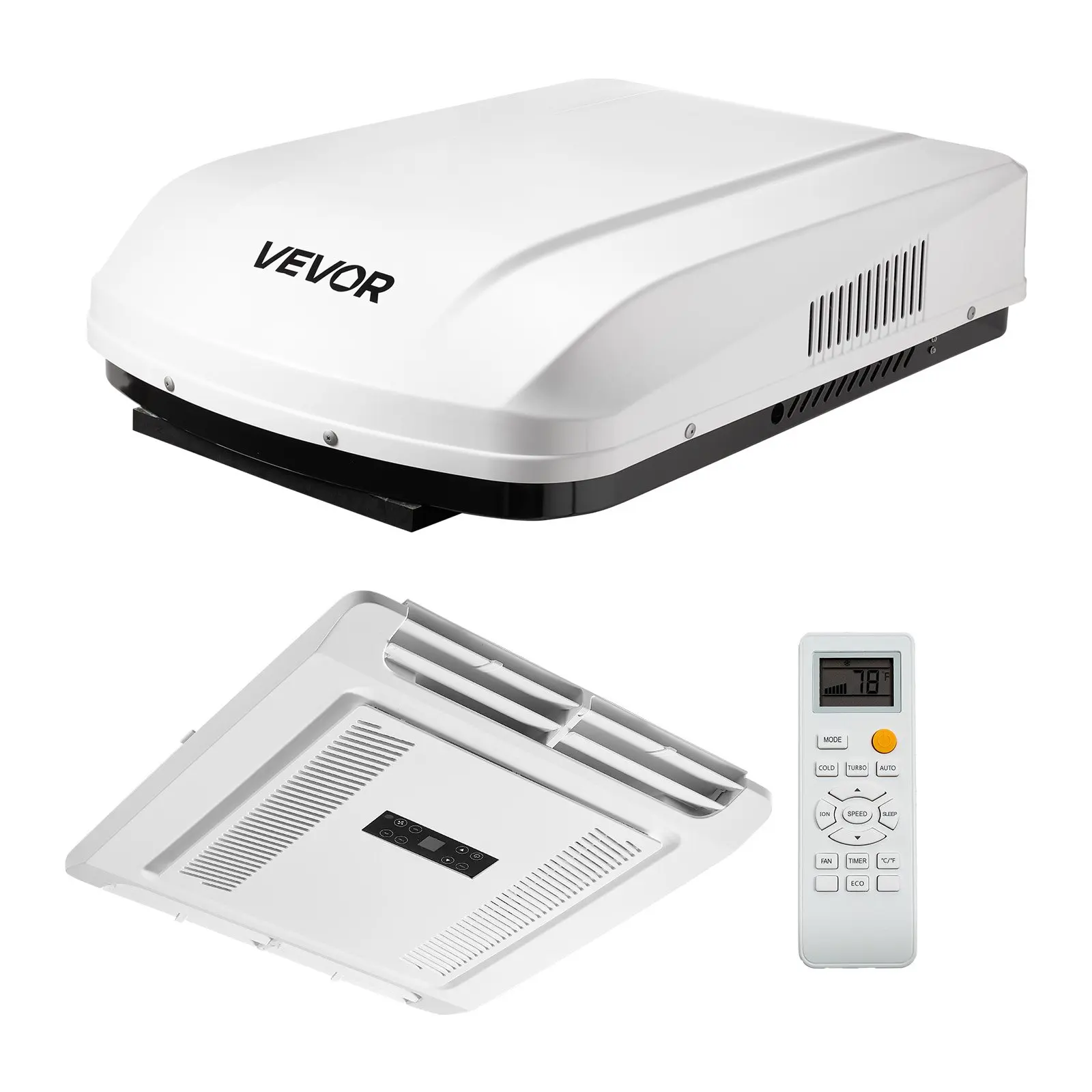 VEVOR 15000 BTU 120V Non-Ducted Rooftop RV Air Conditioner with Plastic-Copper Components, R32 Refrigerant, Heat Pump, Variable Speed, ADB Button Control, Remote, Quiet Easy Install, White