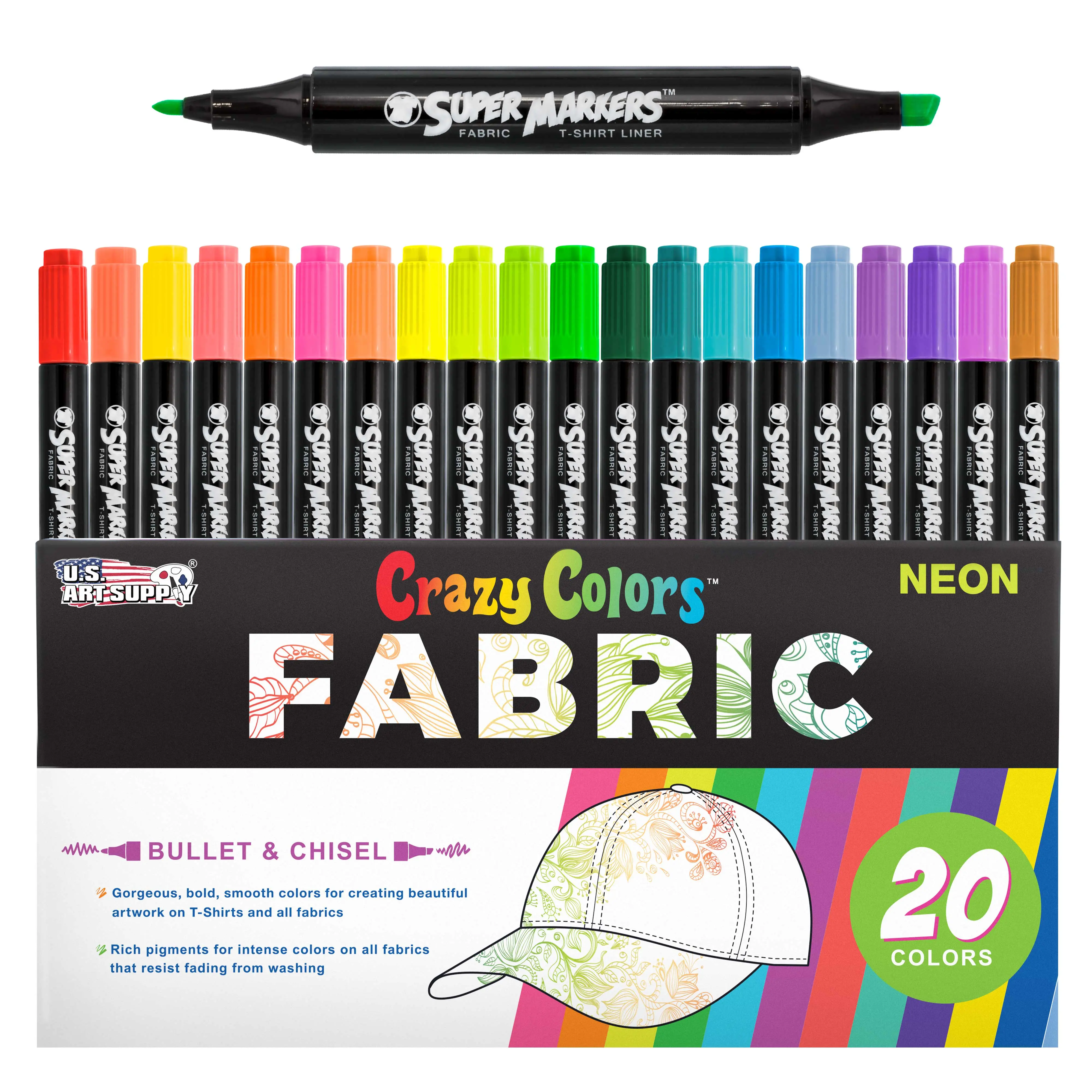 U.S. Art Supply Super Markers 20 Neon Dual Tip Fabric Markers - Fine & Chisel Point Pens Fabric Marker Permanent for Clothes, T-Shirts - Permanent Ink Eye-Catching Ultra-Bright Neon Colors