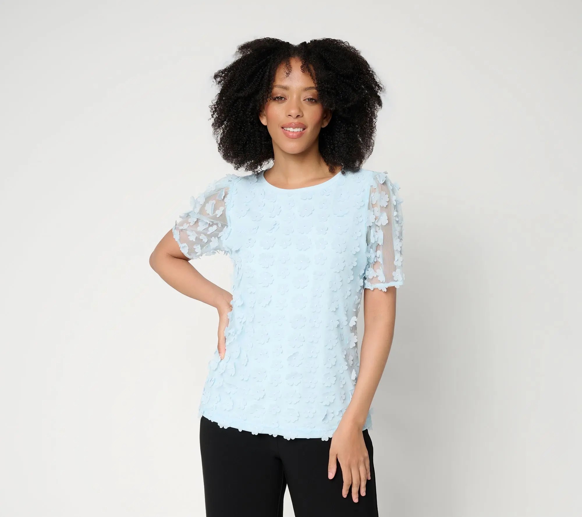Dennis Basso Knit Top with Floral Mesh Overlay