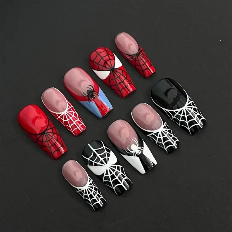 Black & Red Spider Web Press-On Nails | Long Coffin Halloween Nail Art | Handmade Reusable Set