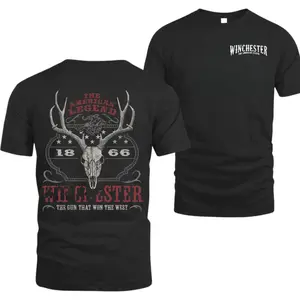 Winchester American Legend 1866 T-Shirt – Vintage deer skull and antlers graphic tee, retro Western hunting apparel, classic frontier shooting shirt for outdoorsmen, cowboys, marksmen, rugged unisex outfit, Top Menswear Streetwear