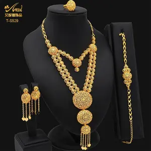 African Gold Color Jewelry Set For Women Indian Round Long Necklace Earring Nigerian 24K Gold Plated Jewellery Dubai Gifts