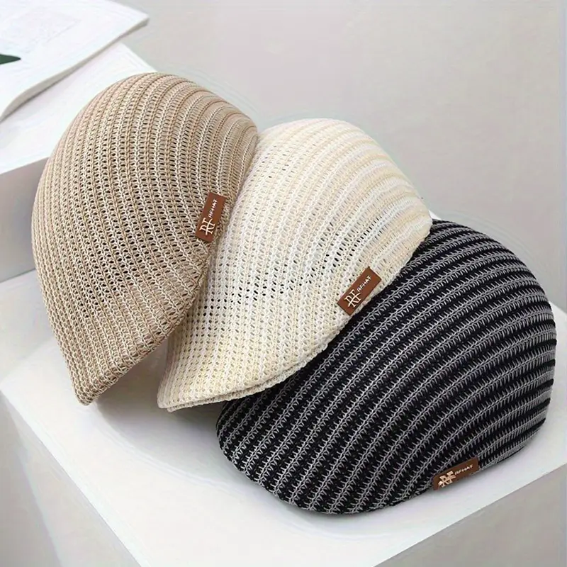1pc Lightweight Striped Beanie Hat for Men & Women – Breathable Polyester Cap with Adjustable Pull-On Closure, Perfect for Spring/Summer Casual Wear,