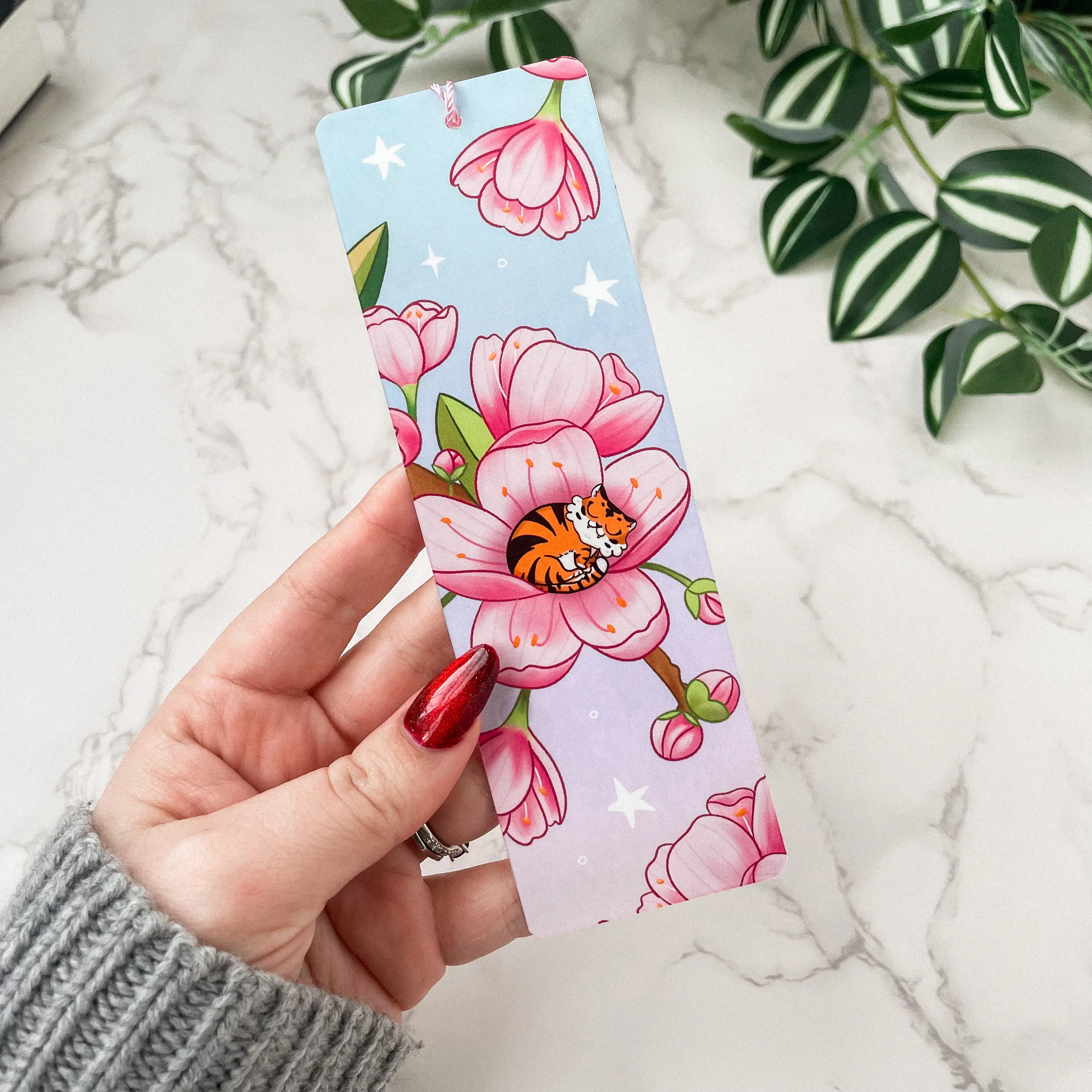 Spring with Sunny the tiger cherry blossom cute bookmark, pink laminated sakura bookmark, 6x2 in