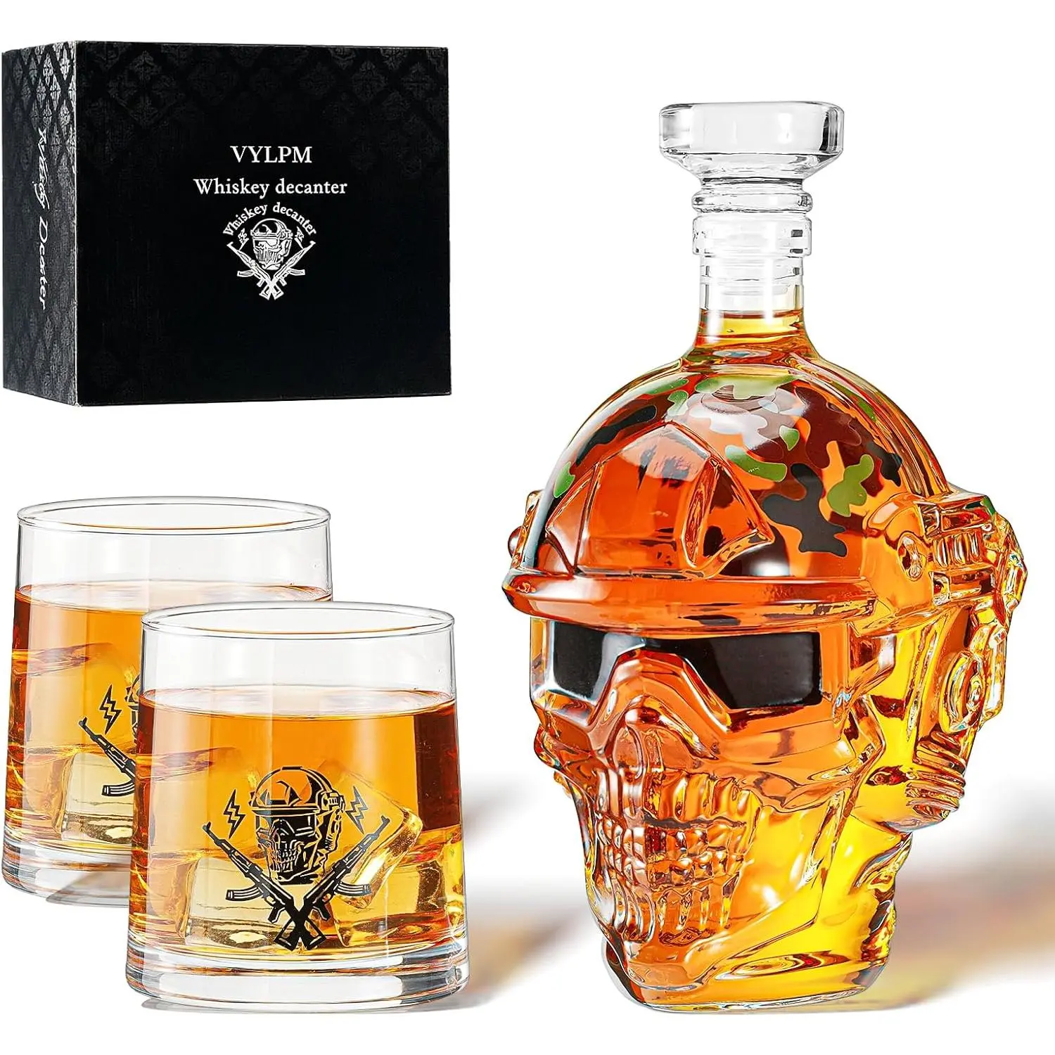 Whiskey Decanter Set for Men, 750ml Decanter & 2 250ml Glasses with Camouflage Design, Military Style Whiskey Decanter, Ideal Gift for Husband, Brother, Man Cave Decor for Birthday & Parties