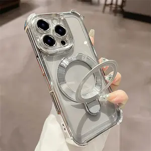 Magnetic metal folding bracket for iphone16 Pro Max 15 14 13 iPhone case silicone soft shell TPU shockproof