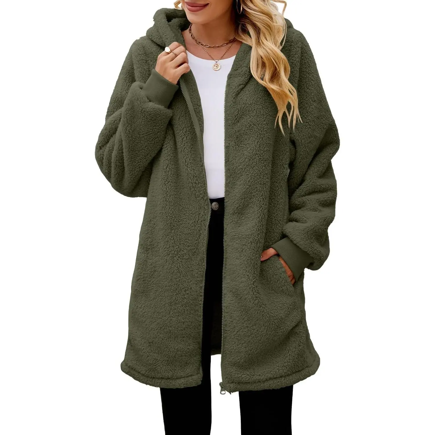 ReachMe Women's Plus Size Baggy Hooded Fleece Fabric Jacket - Long Sleeve Oversized Zip-Up Sherpa Coat with Pockets, Warm Fuzzy Birthday Lounge Wear