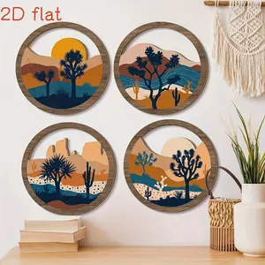 2D flat, 4 Bohemian circular wall decorations, large cacti and desert trees, mandala-style green Bohemian wood artificial boards, suitable for home, room easy to hang Bohemian decorations