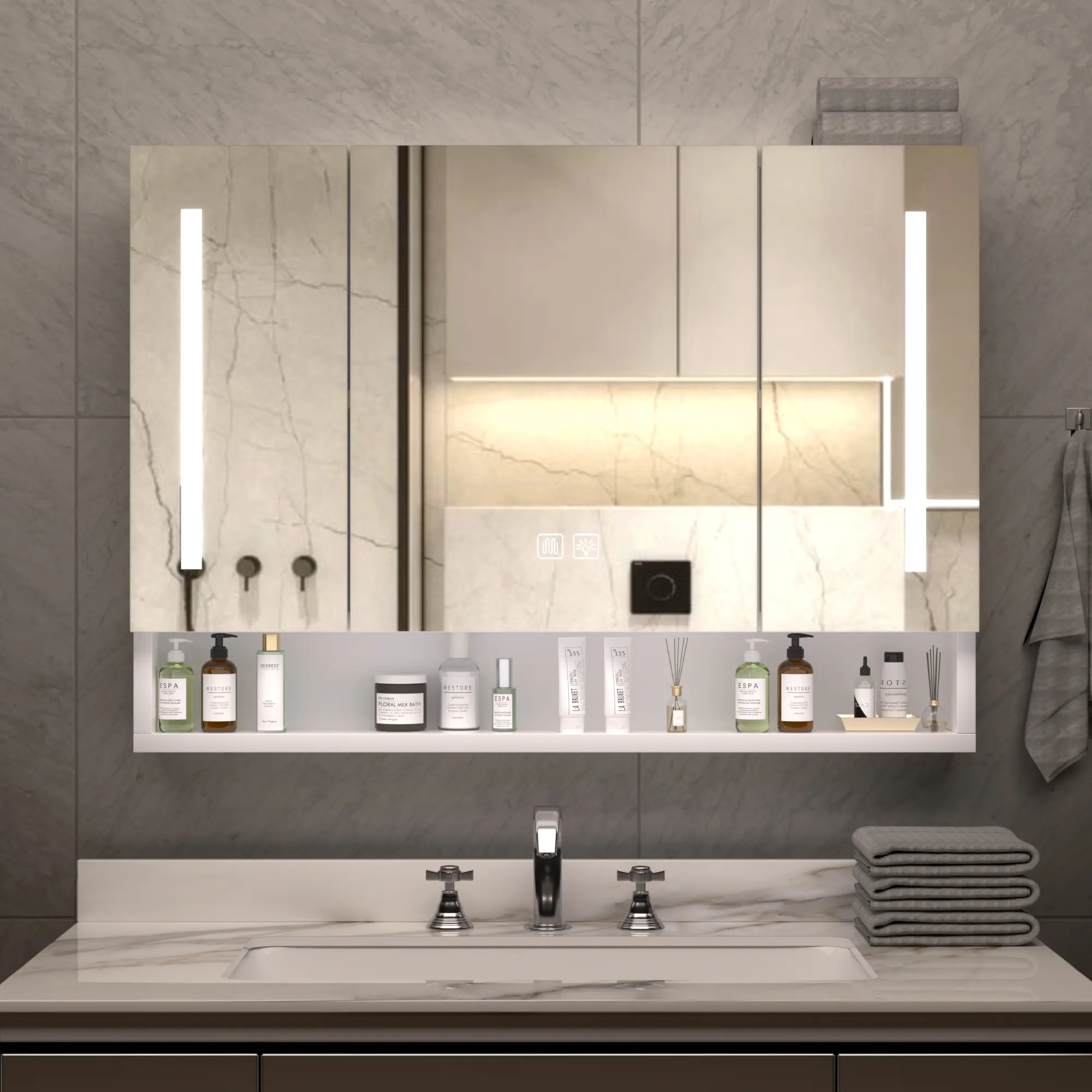 DONEXT Aluminum LED Medicine Cabinet (39x28 in) - Modern Waterproof Corrosion-Proof Bathroom Storage with Tempered Glass Door, Adjustable Lighting, IP44 Rating, Multilevel Compartments, Easy Installation