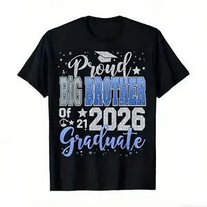 Comfortable Cotton Graduation Shirt for Teen Boys and Suitable for Young Men Casual Proud Little Brother Year of Graduation Print Machine Washable Crew Neck Unisex T-Shirt