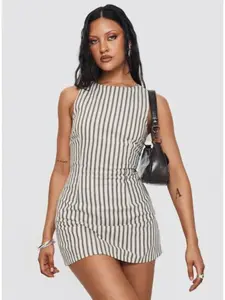 Yumiko Romper Brown Sleeveless Bodycon Mini Playsuit with Belt Soft Stripe Fabric for Party Club & Streetwear Women's Casual Outfit