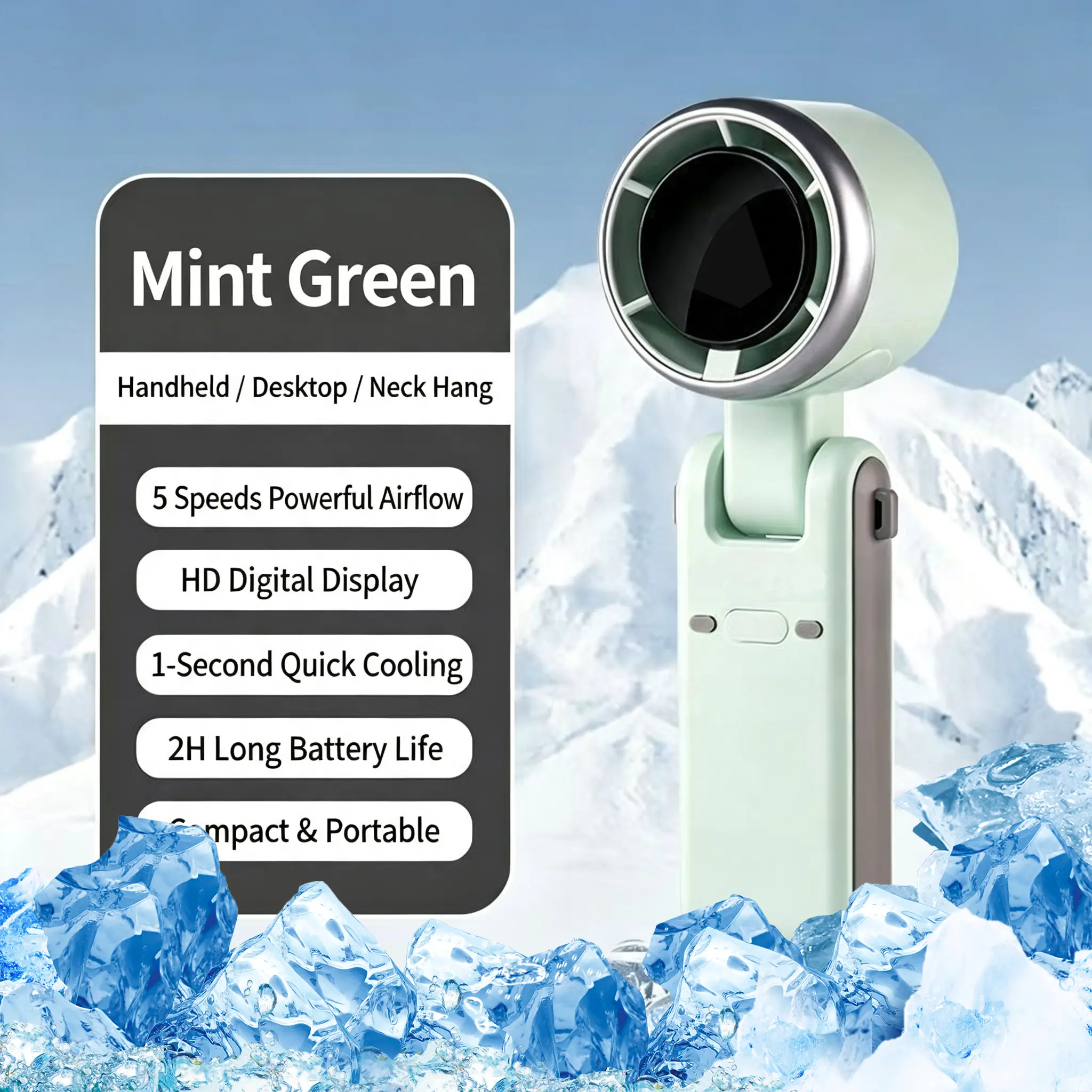 Portable Handheld Turbo Cooling Fan with 5 Adjustable Wind Speeds, USB Rechargeable Battery Powered Personal Cooler, Up to 12 Hours Ultra Long Working Time, 3-in-1 Multi-Use Mini Turbo Fan for Outdoor, Travel & Beach Summer Heat Relief