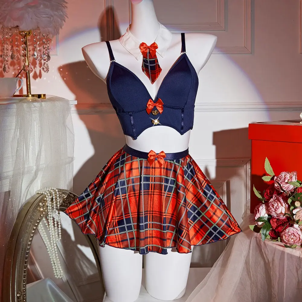 Sexy Schoolgirl Lingerie Set with Plaid Mini Skirt, Red Bow Accents, Collar  & Tie Details | Seductive Crop Top Two-Piece Outfit