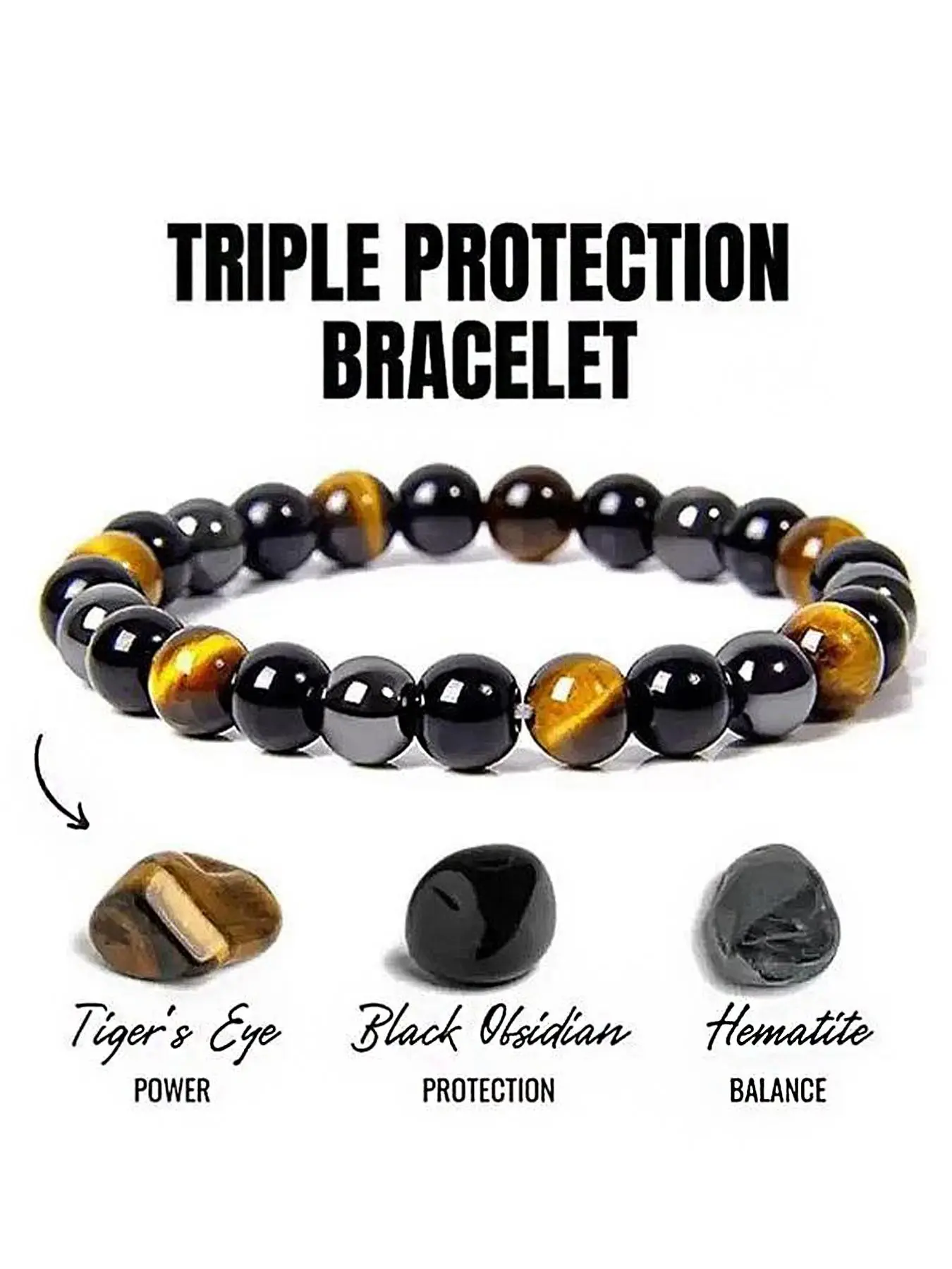 Triple Protection Bracelet, Good Luck & Prosperity, Lucky Bracelet, Hematite, Obsidian, Tiger Eye Stone, Self-Healing Jewelry, Gift for Friends, Healing Crystal Bracelet, Energy Bracelet