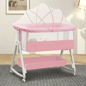 3 In 1 Baby Bassinet Bedside Sleeper With Mosquito Net Wheels Storage Basket All Mesh Adjustable Height Bedside Crib For Newborn 0-6 Months Pink