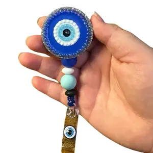 Evil Eye Bedazzled Acrylic Badge Reel with Blue and White Beads, Includes Beads and Clasp, Unique Design