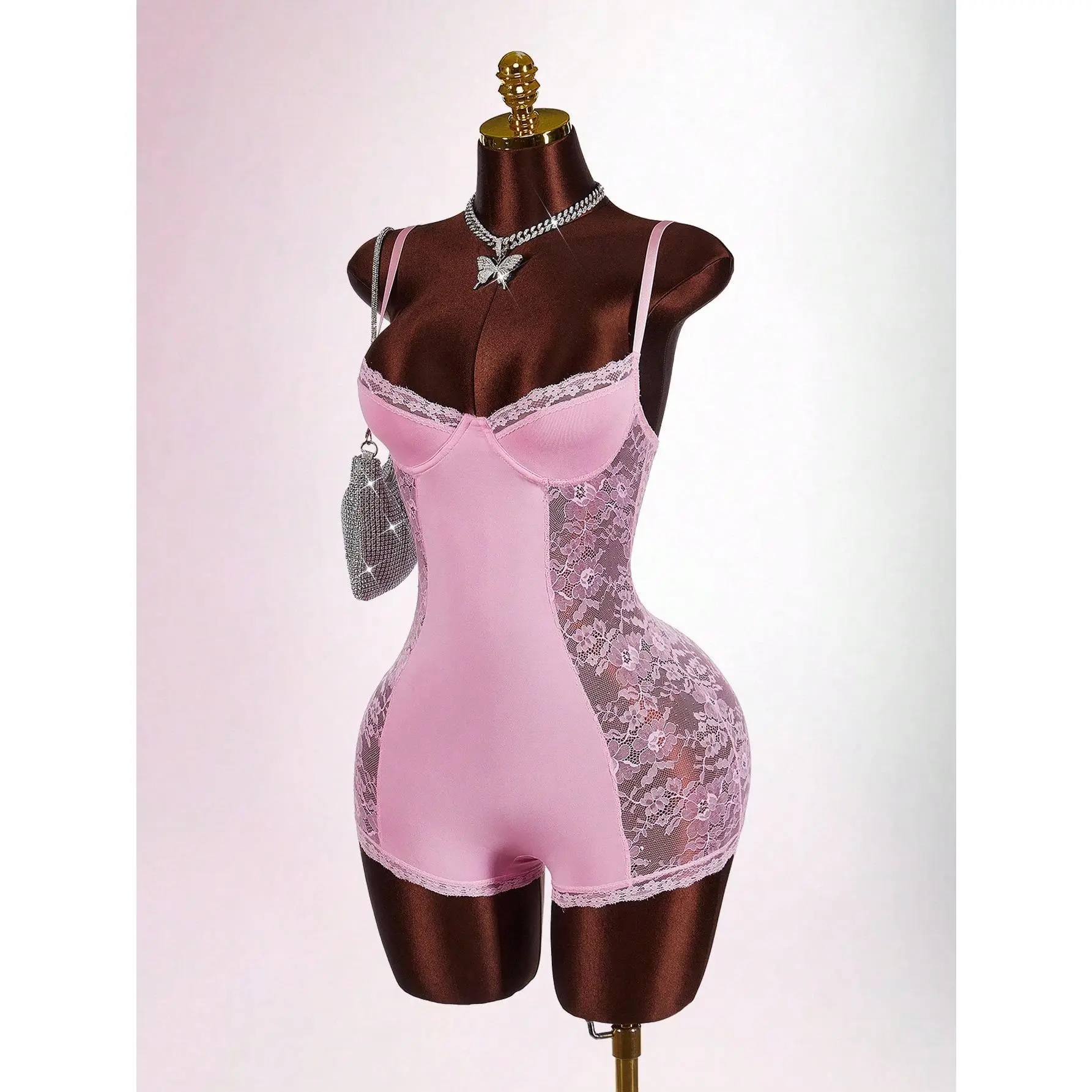 Women's Contrast Lace Slim Fit Romper With Shirred Waist