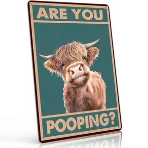 Are You Pooping Highland Cow 8x12 Inch Aluminum Metal Sign Funny Bathroom Wall Decor for Powder Room Guest Bath Master Bathroom & Farmhouse Themed Spaces Retro Vintage Tin Poster with Adorable Illustration