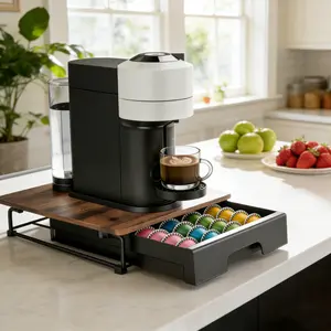 EVERIE Rustic Brown Wooden Coffee Pod Drawer Slide-Out Organizer Holder Compatible With Nespresso Vertuo Capsules 40 Large or 52 Small for Kitchen Countertop & Coffee Bar