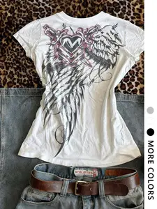 Women's Vintage Heart Wings Graphic T-Shirt, V Neck Casual Streetwear Style Top, Short Sleeve Fitted Tee for Daily Wear, Womenswear