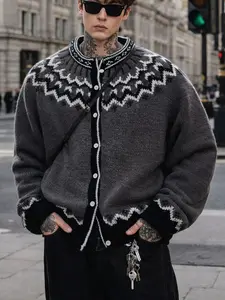 Men's Vintage Gray Black White Jacquard Crewneck Cardigan Sweater American College Style Loose Knit Jacket Trendy Spring Autumn Winter Lazy Top Soft Plush Yarn