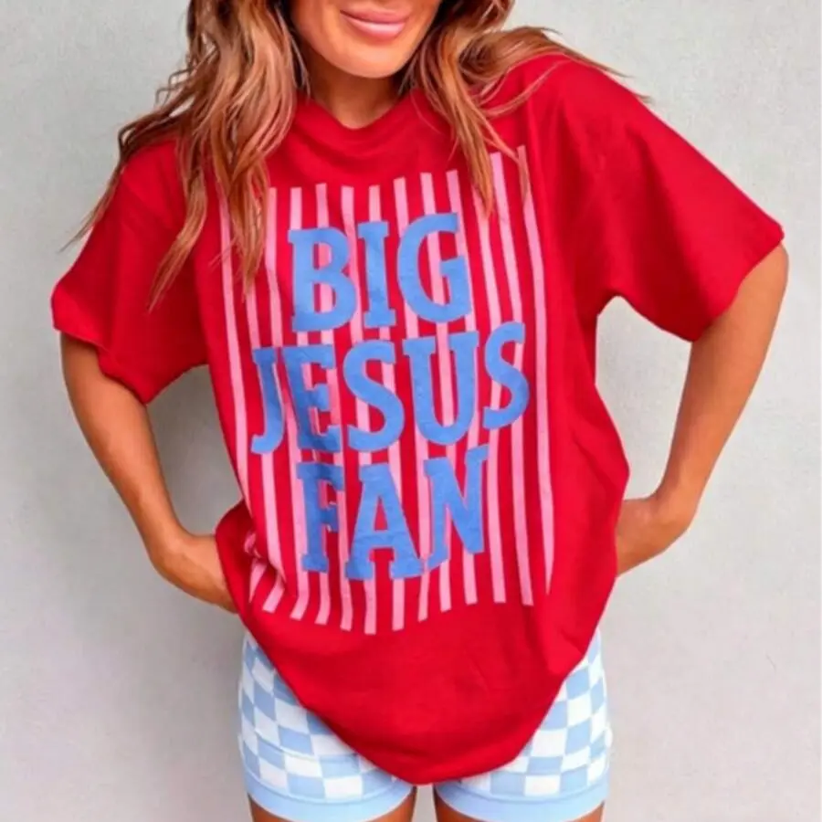 Big Jesus Fan Graphic Top-Loose-Fit Easy Relaxed Style