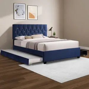 ARCH MODERN VELVET QUEEN BED WITH TWIN TRUNDLE AND 2 STORAGE DRAWERS – BLUE(OLD SKU:W1867S00001)