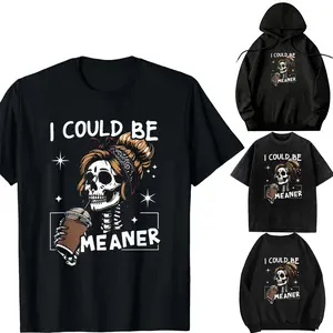 Oversize Acid Wash,Hooded sweatshirtt,Transfer，long-sleeved T-shirt-DIY-I Could Be Meaner Funny Skeleton Messy Bun Drinking Coffee T-Shirt Top Womenswear Printed Streetwear Soft