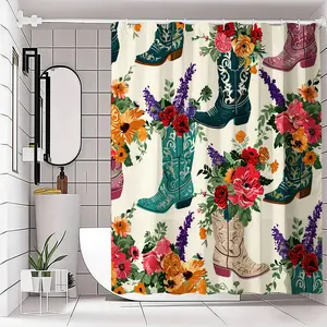 Vibrant Floral Cowboy Boots Shower Curtain, Bathroom Shower Curtains, Rustic Chic Bathroom Decor, Colorful Roses, Lavender, Accents, Cheerful Spring Refresh, Flower