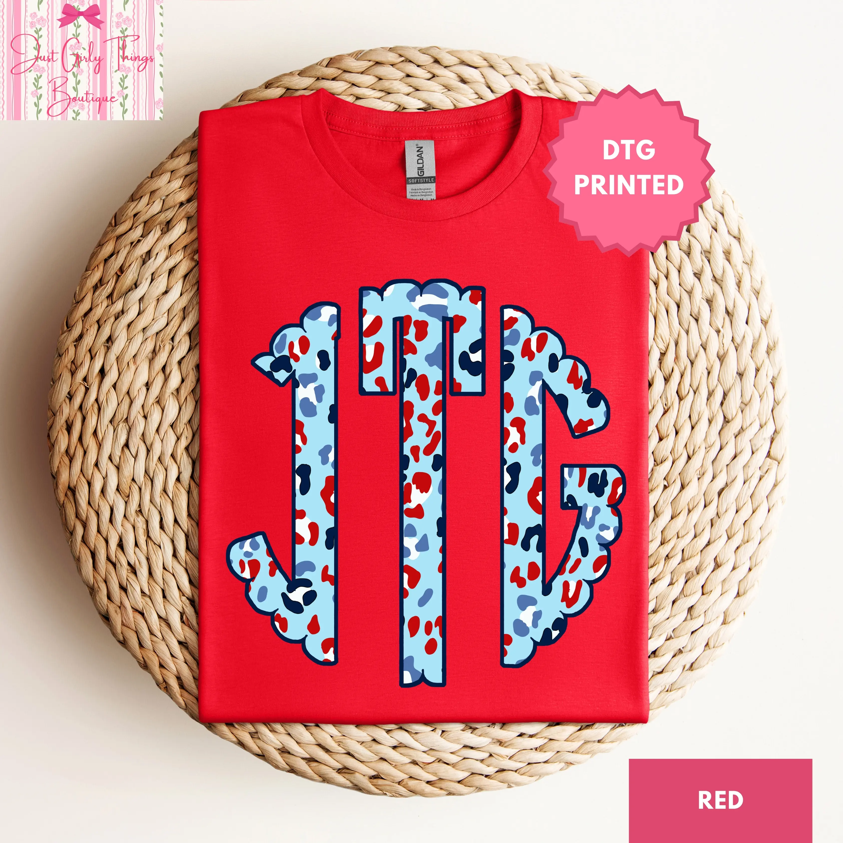 Custom Fourth of July Leopard Monogram Shirt - Gildan 64000 Softstyle Tee - (Leave First Name Initial, Last Name Initial, Middle Name Initial in Notes at Checkout), Custom Name Shirt, Personalized Name Shirt, Custom Cheetah Monogram Shirt