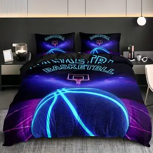 3-Piece Down Comforter Set, Neon Basketball Print Bedding, Soft & Cozy, Includes 1 Down Comforter + 2 Pillowcases, No Core Included, Bedroom Bedding Set