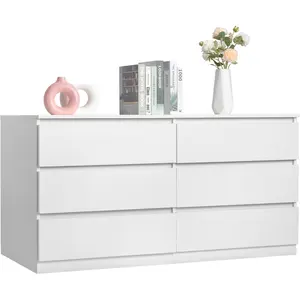 Karl home White 6 Drawer Dresser - Modern Chest of Drawers for Bedroom, Wood Dressers with Deep Drawers, Cut-Out Handles, Anti-Tipping Device, Living Room, Hallway, Entryway - 55-Inch