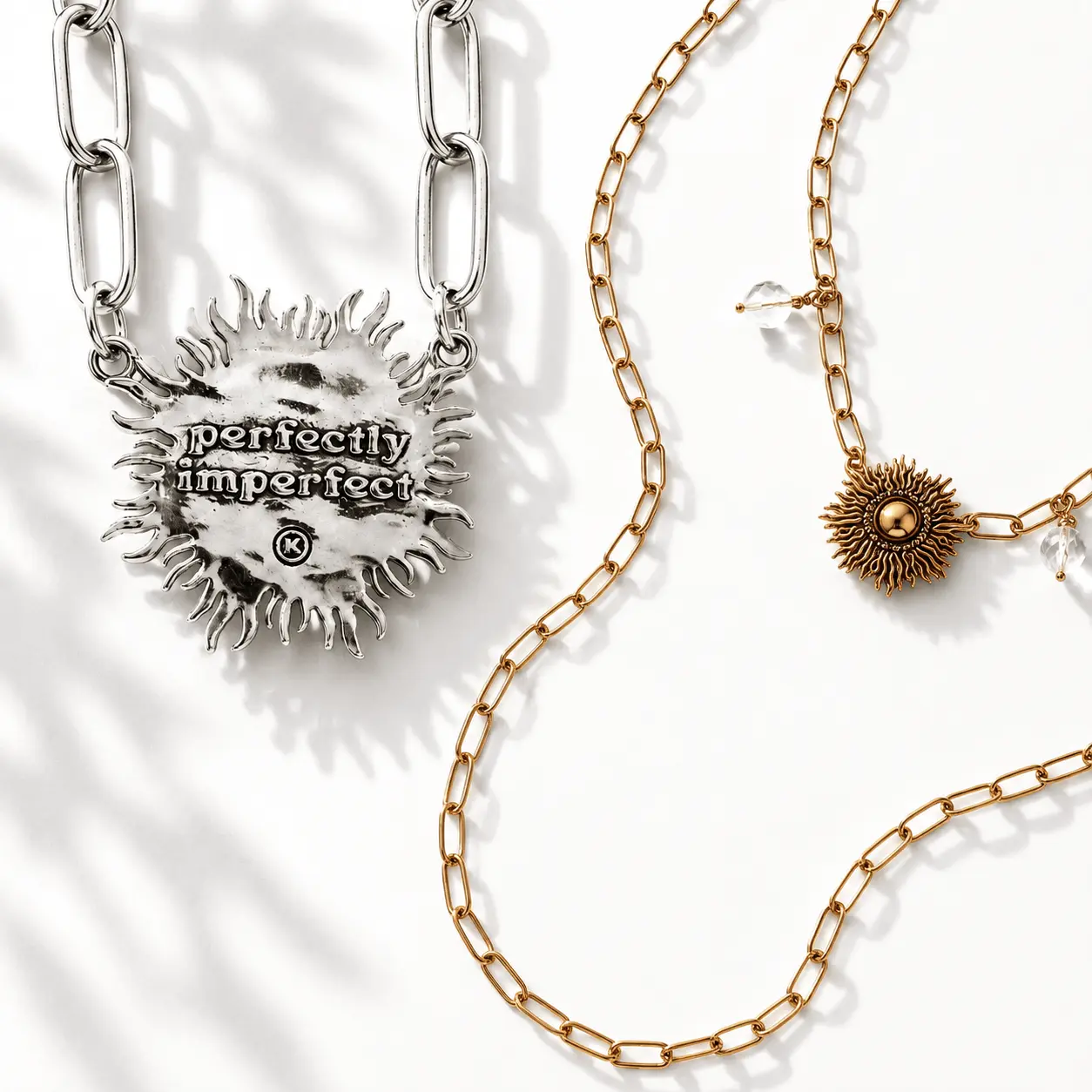 Perfectly Imperfect Starburst Long Chain Necklace 50" Brass Paperclip Style with 2" Wide Starburst Pendant & Crystal Quartz Accents
