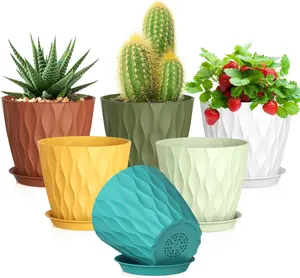 5 inch 6 Pack Plant Pots With Drainage Holes And Saucers, 3D Modern Wave Texture Plastic Planter Flower Pot