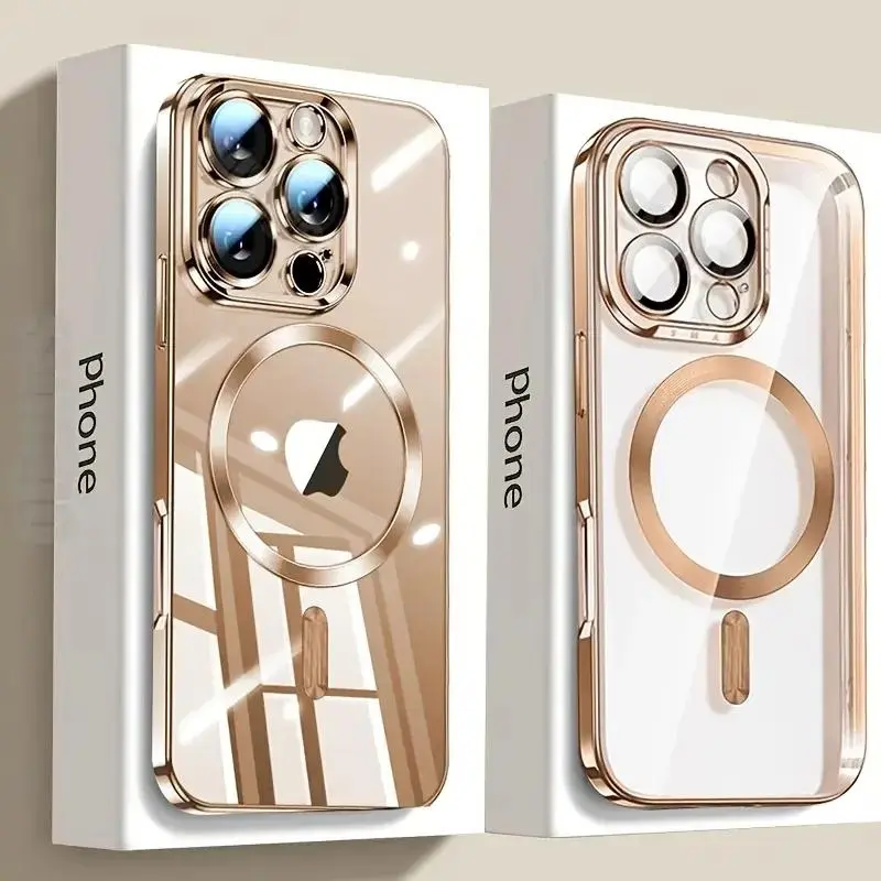 Magnetic Electroplated Cases for 17 16 15 14 13 12 11 Pro Max plus Transparent with Camera Lens Protection Glass Wireless Charger Cover Compatible with MagSafe Protector Soft Slim Shockproof Phone Case Cover for iPhone 17 Pro Max