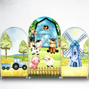 Arched Background Cloth Farm Animal Scene Party Decoration, Lightweight Stretch Fabric Photography Backdrop, Blue Windmill Barn Design