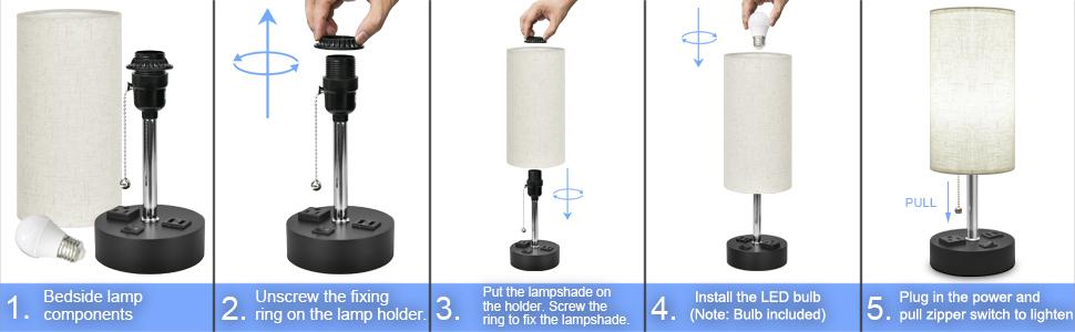 Sailstar Table Lamp for Bedroom, USB Bedside Lamp Nautral Daylight Modern Nightstand lamp with USB Port to Recharging, AC Outlets Fabric Linen Shade,LED Bulb Included Perfect for Living Room, Bedroom
