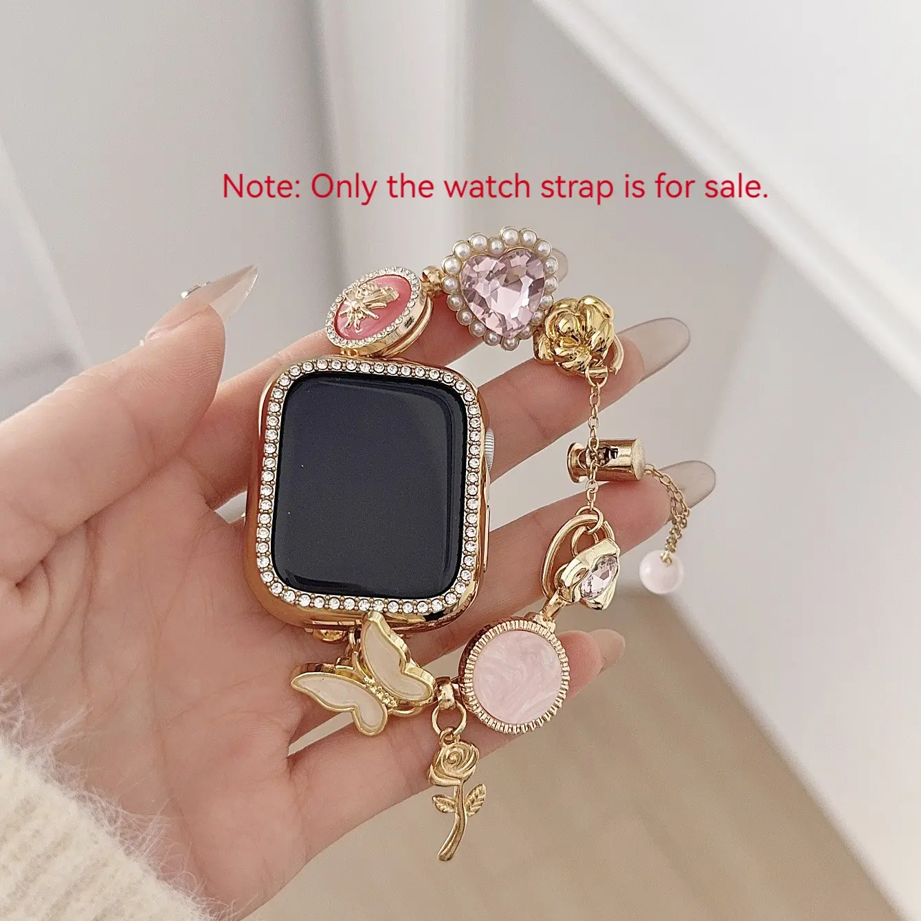 Women's Apple Watch Band, Luxury Rose Heart Gemstone Buckle Beaded Bracelet Strap, Smart Watch Straps, Smartwatch Strap, Smart Watch Accessories, Compatible with Apple Watch 38-49mm, Adjustable No Tool