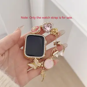 Women's Apple Watch Band, Luxury Rose Heart Gemstone Buckle Beaded Bracelet Strap, Smart Watch Straps, Smartwatch Strap, Smart Watch Accessories, Compatible with Apple Watch 38-49mm, Adjustable No Tool