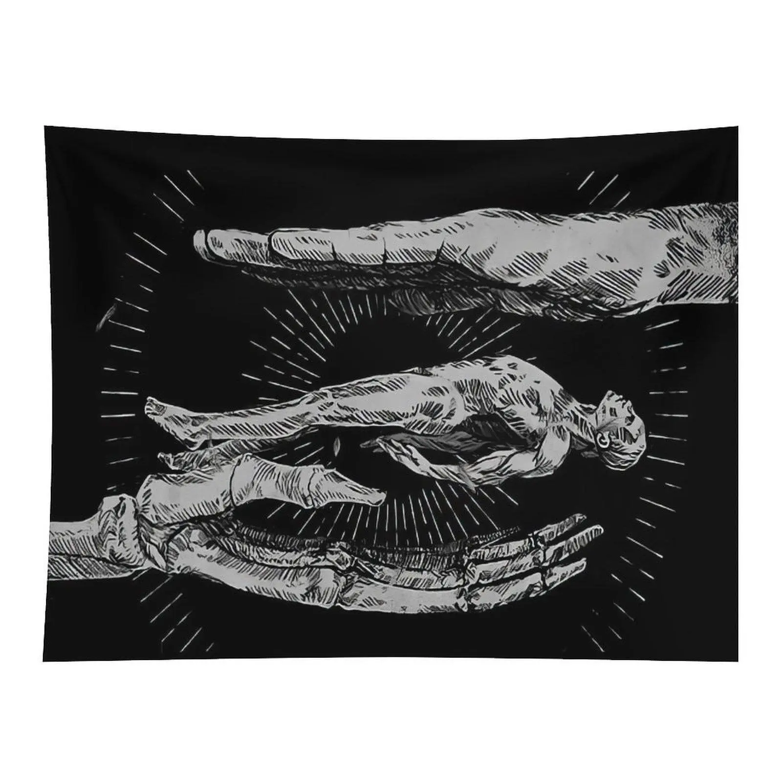 Black White Sketch Giant Hands Floating Human Figure Tapestry Dark Surreal Gothic Art Minimalist Abstract Wall Hanging Home Decor